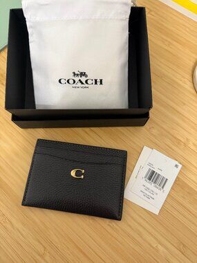 Coach Essential Card Case - Polished Pebble Leather Black / Brass Metal BNIB